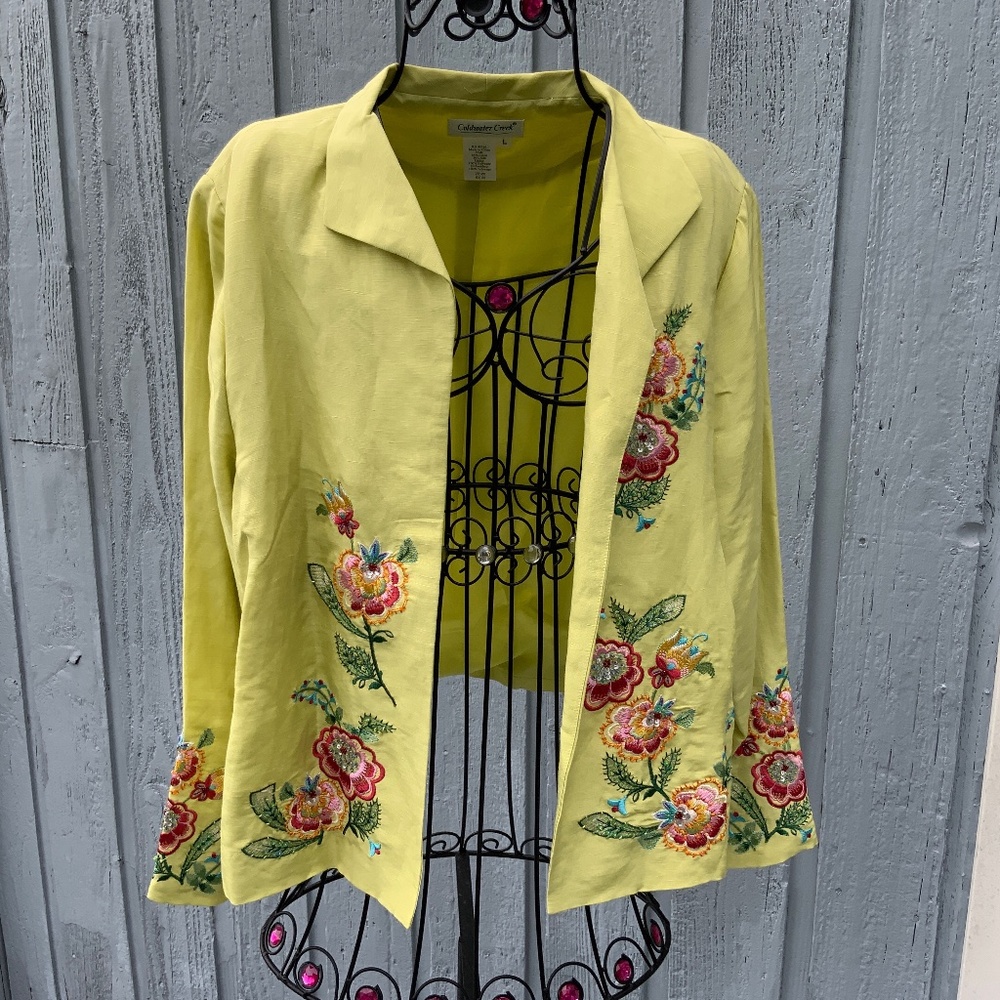Coldwater Creek Silk and Linen Embroidered Blazer (Size L) Lime Green